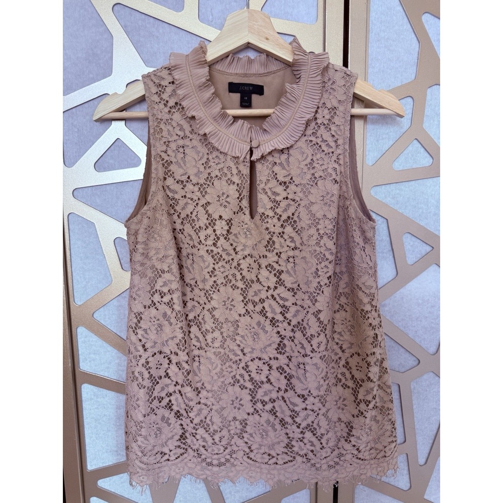 J.Crew Women XS Floral Lace Crochet Ruffle Neck Front Keyhole Button Blouse